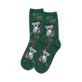 Pair of women's crew socks. Dark green background with a repeating pattern of grey koalas on brown branches with small green leaves.