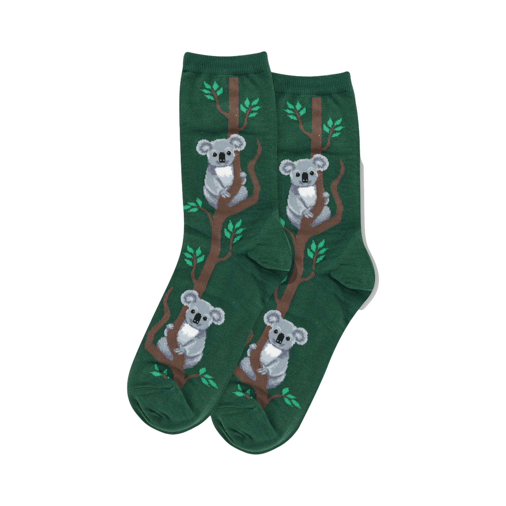 Pair of women's crew socks. Dark green background with a repeating pattern of grey koalas on brown branches with small green leaves.