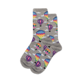 Pair of grey crew socks with a fun pattern of colorful hot air balloons and white clouds.