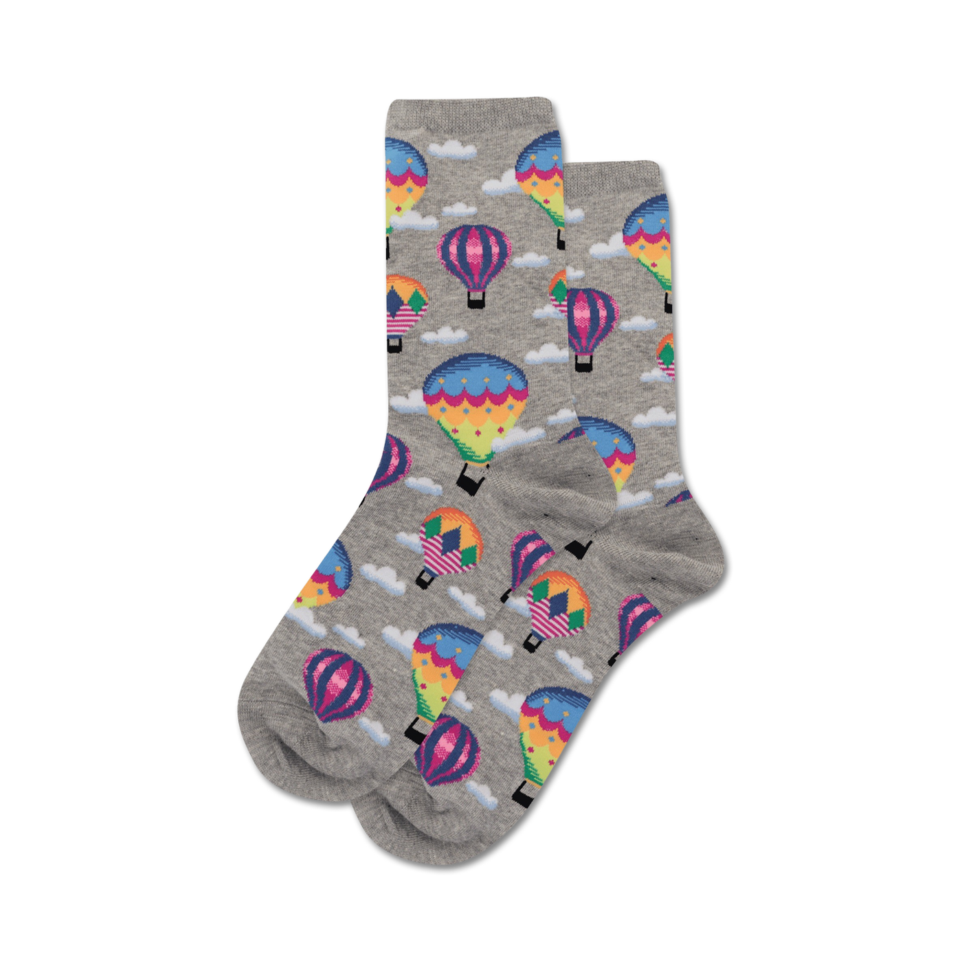 Pair of grey crew socks with a fun pattern of colorful hot air balloons and white clouds.