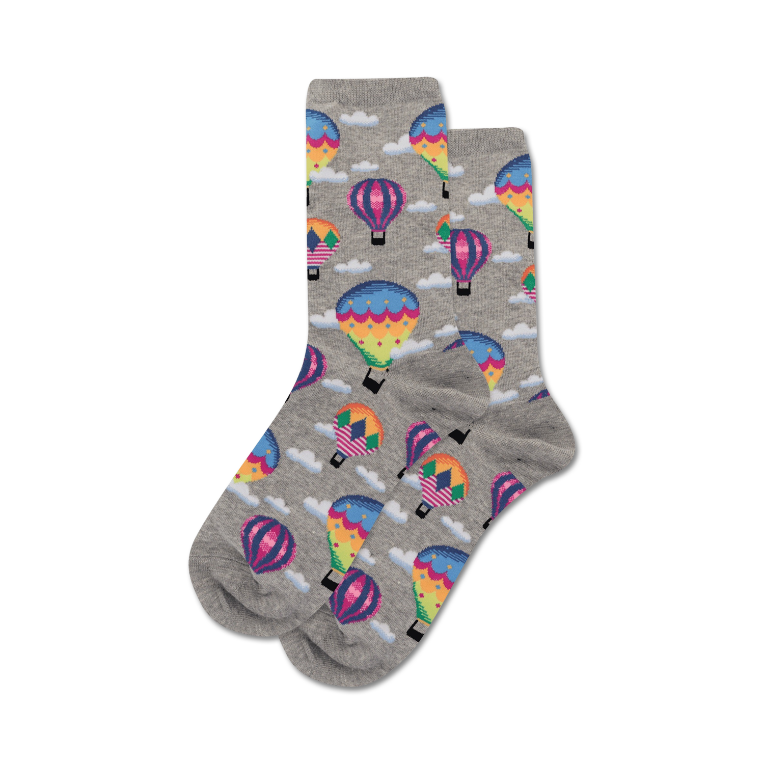 Pair of grey crew socks with a fun pattern of colorful hot air balloons and white clouds.