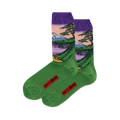 Pair of green crew socks showcasing Hokusai's Mt. Fuji landscape.  Design features purples, greens, and a detailed mountain scene.