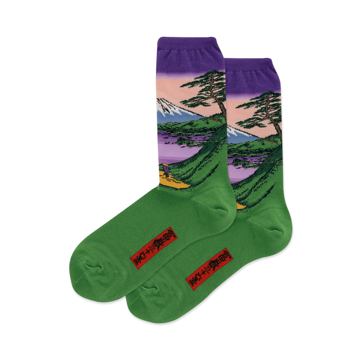 Pair of green crew socks showcasing Hokusai's Mt. Fuji landscape.  Design features purples, greens, and a detailed mountain scene.
