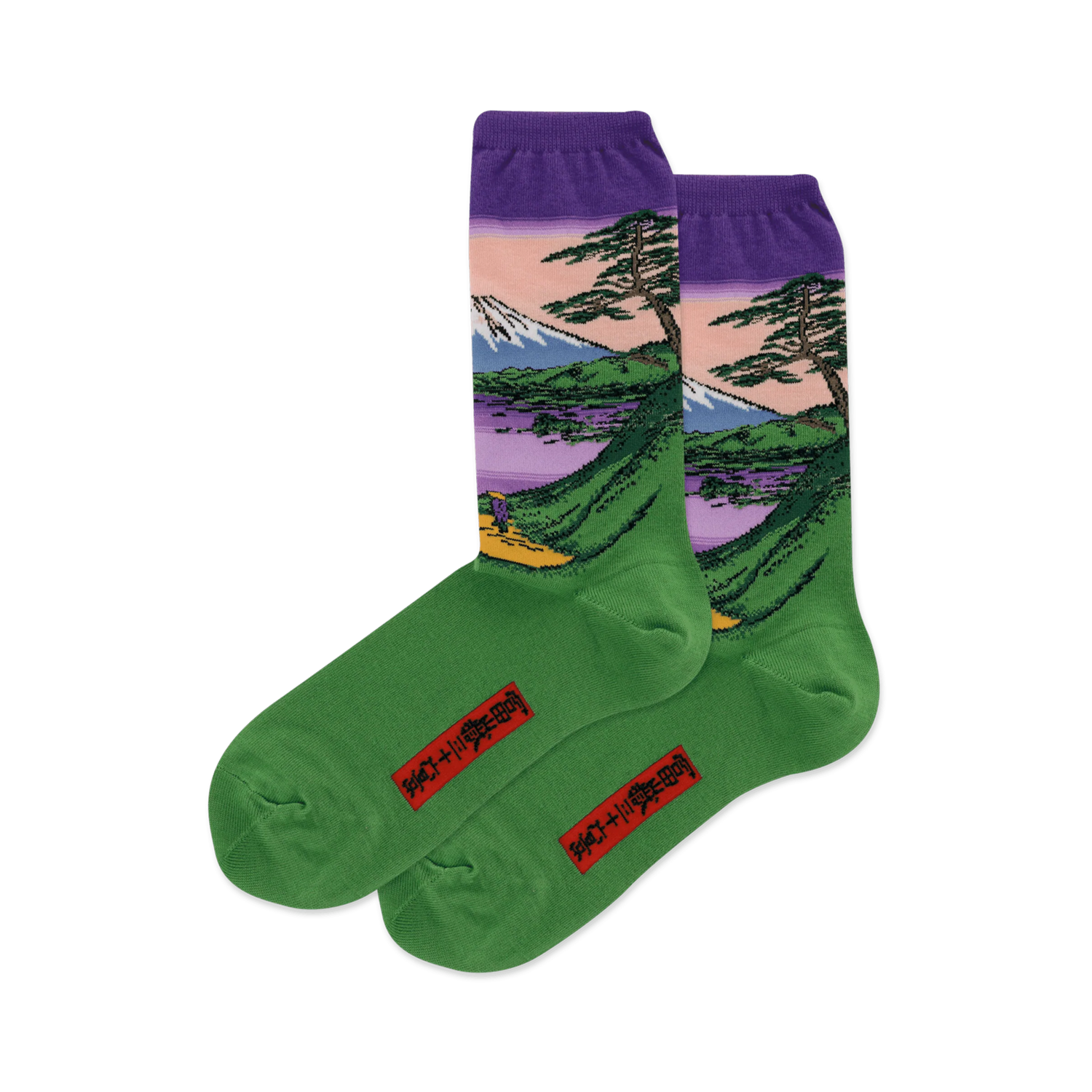 Pair of green crew socks showcasing Hokusai's Mt. Fuji landscape.  Design features purples, greens, and a detailed mountain scene.