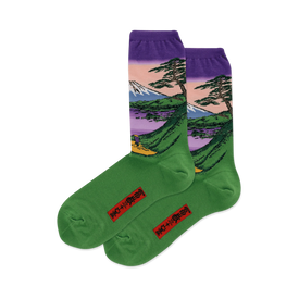 women's crew socks with a green mountain, trees, and lake pattern inspired by hokusai's art.  