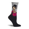 Grey and black crew sock with Modigliani's Jeanne Hebuterne portrait, showing a woman in a hat, pink top, and pearl necklace.