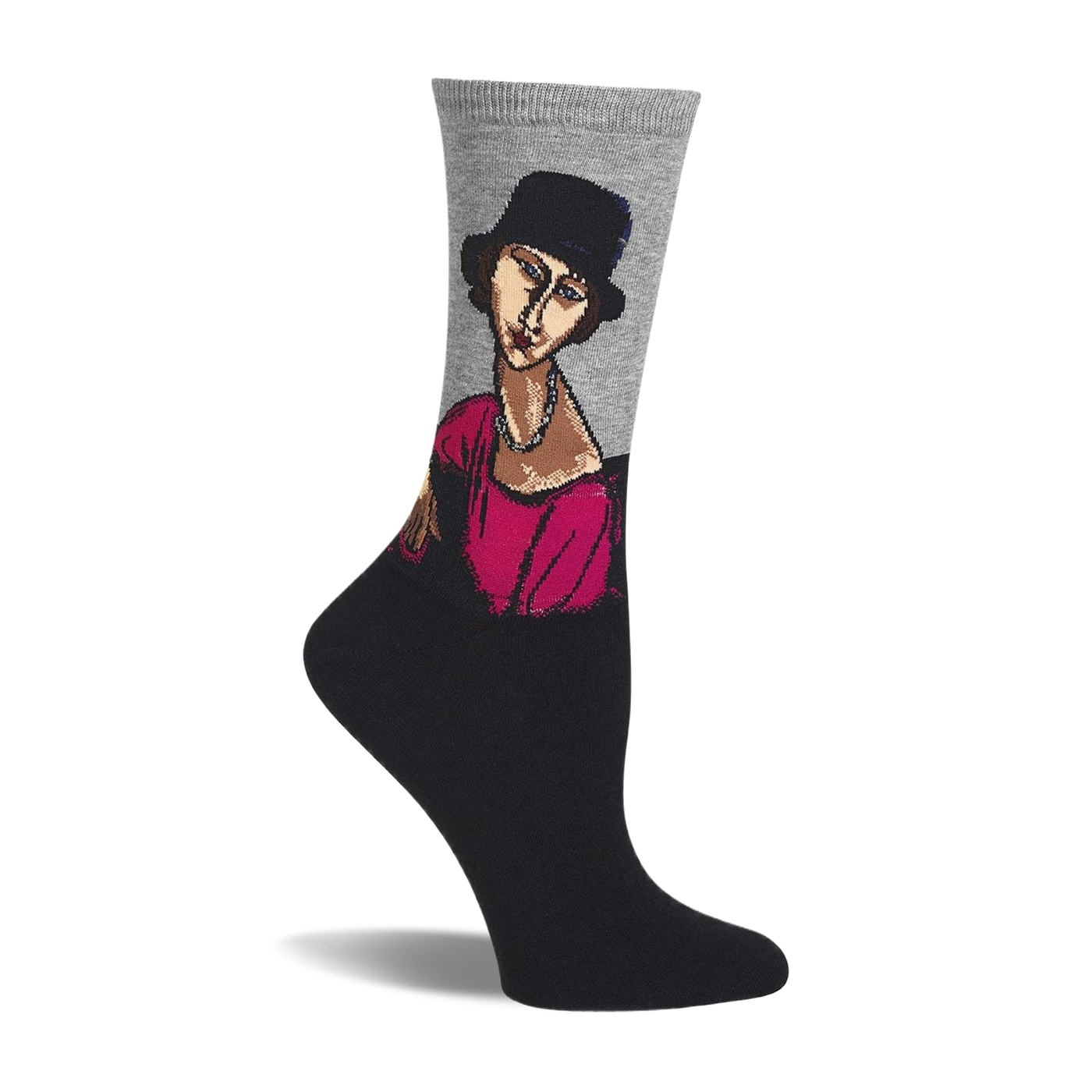 Grey and black crew sock with Modigliani's Jeanne Hebuterne portrait, showing a woman in a hat, pink top, and pearl necklace.