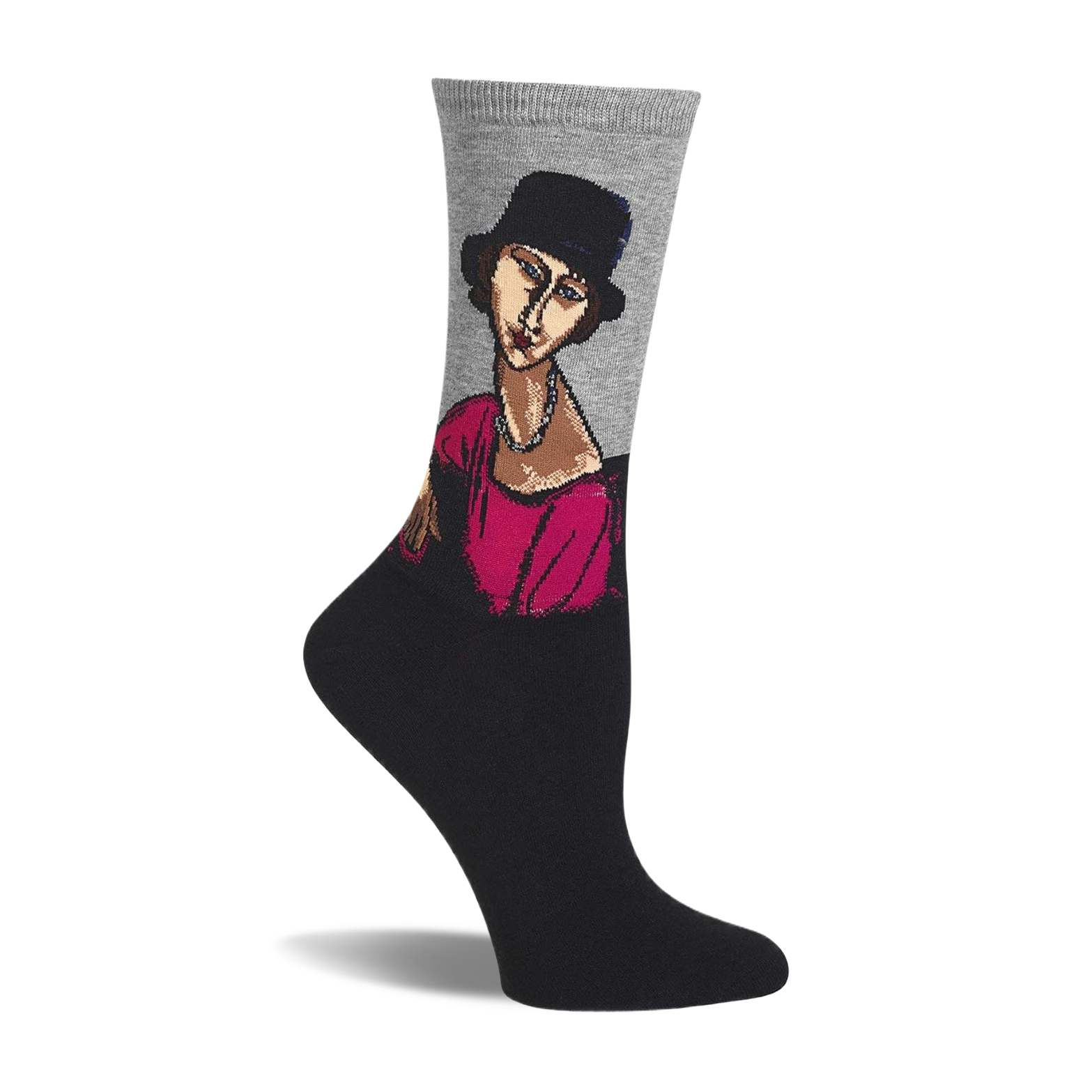 Grey and black crew sock with Modigliani's Jeanne Hebuterne portrait, showing a woman in a hat, pink top, and pearl necklace.