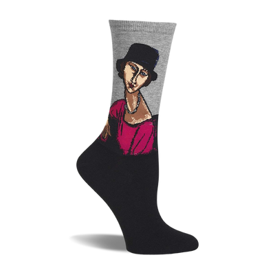 Grey and black crew sock with Modigliani's Jeanne Hebuterne portrait, showing a woman in a hat, pink top, and pearl necklace.