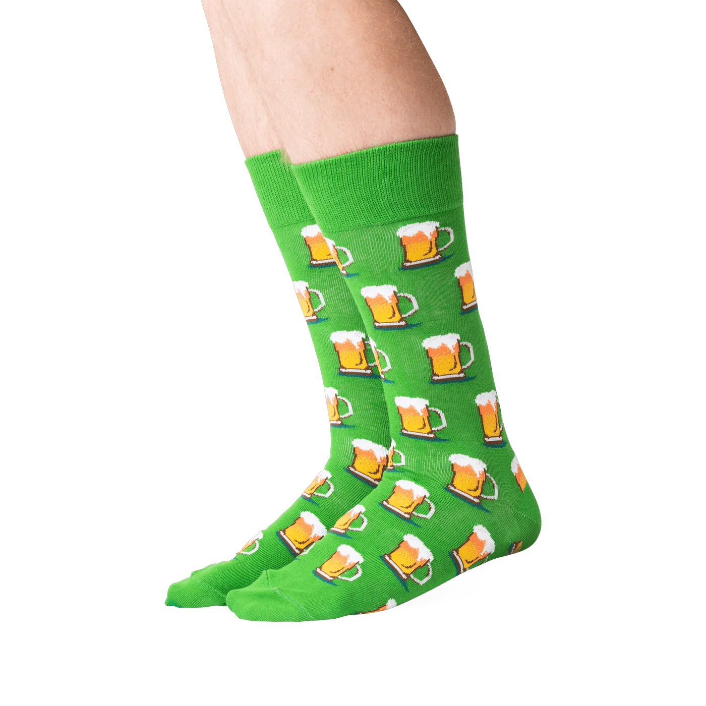 Flat lay showing a pair of green beer mug socks.