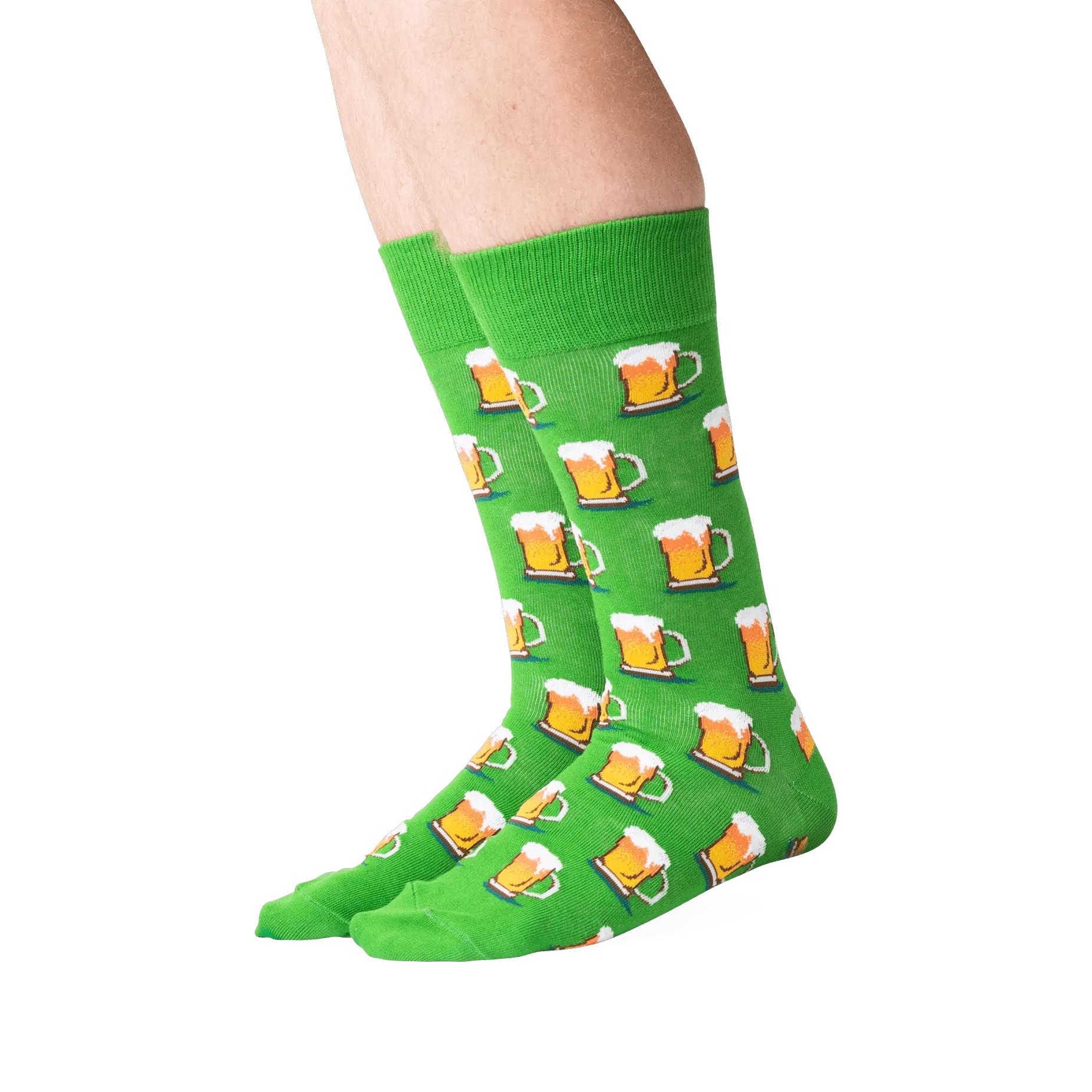 Flat lay showing a pair of green beer mug socks.