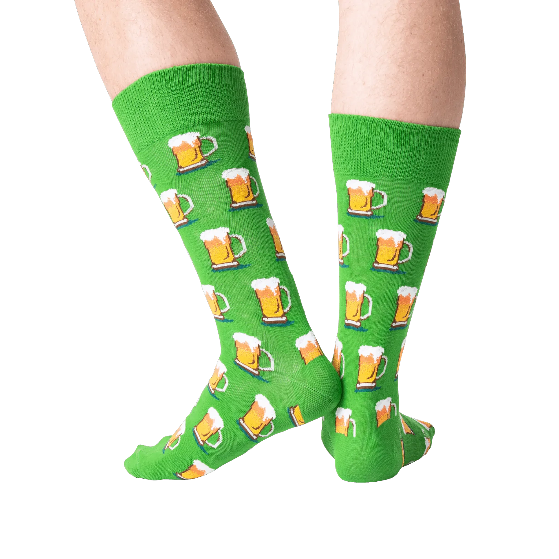 Close-up detail shot of green beer mug socks, showing the pattern.