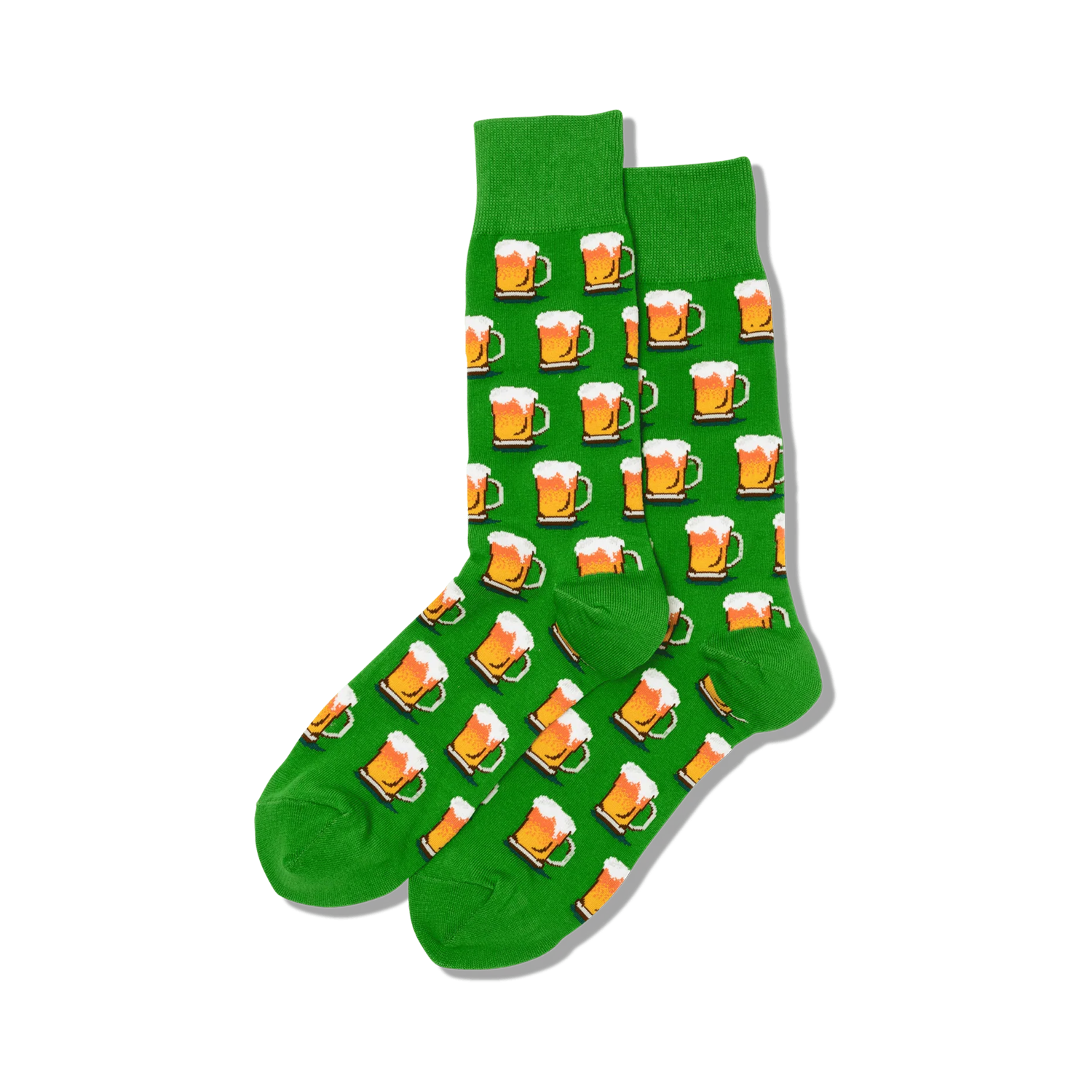 Pair of crew socks; green and yellow beer mugs on green background, or orange mugs on black background.