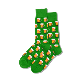 beer mug pattern dark green crew socks with ribbed top and green toe and heel.  