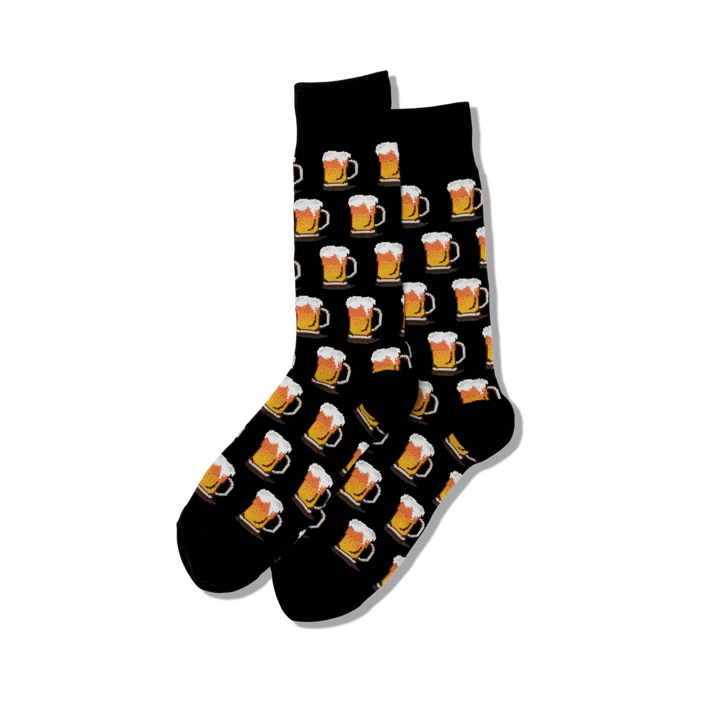 Lifestyle shot of a person's legs wearing green beer mug socks.