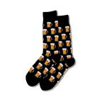 Lifestyle shot of a person's legs wearing green beer mug socks.