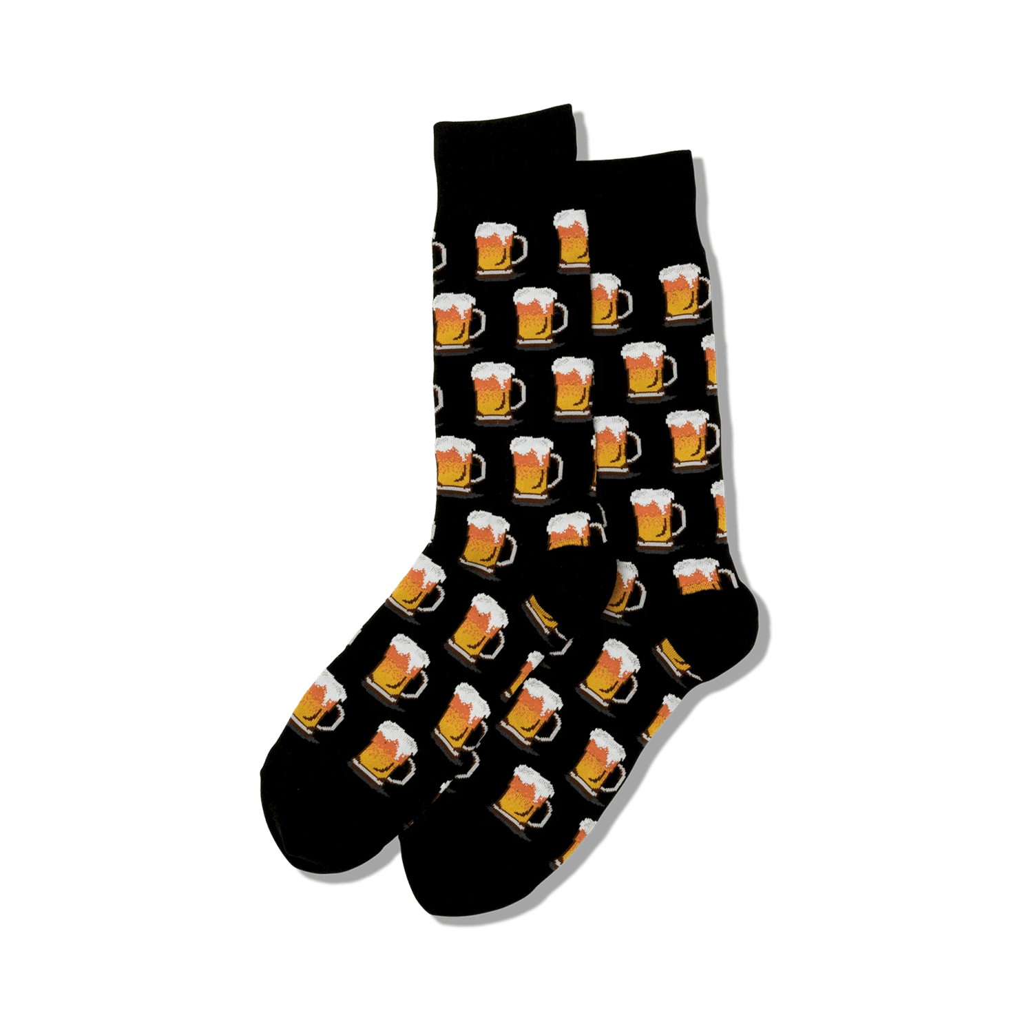 Lifestyle shot of a person's legs wearing green beer mug socks.