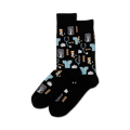 Black socks featuring a medical pattern with X-rays, stethoscopes, RX bottles, scrubs, and bandages.