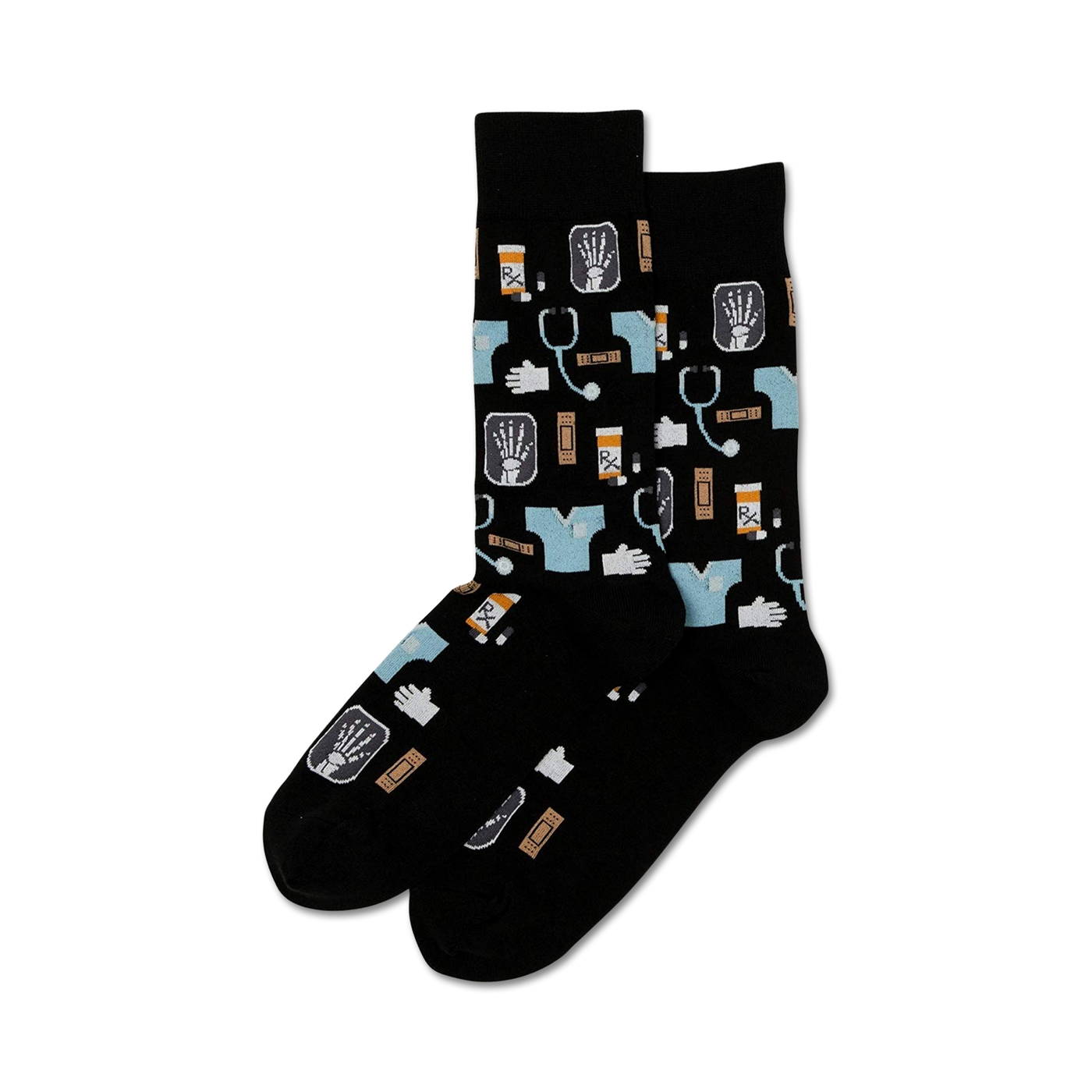 Black socks featuring a medical pattern with X-rays, stethoscopes, RX bottles, scrubs, and bandages.
