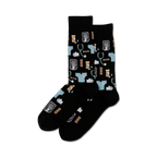 Black socks featuring a medical pattern with X-rays, stethoscopes, RX bottles, scrubs, and bandages.