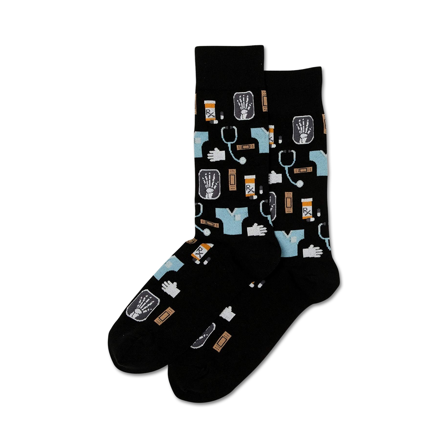 Black socks featuring a medical pattern with X-rays, stethoscopes, RX bottles, scrubs, and bandages.
