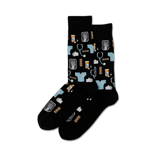 Black socks featuring a medical pattern with X-rays, stethoscopes, RX bottles, scrubs, and bandages.