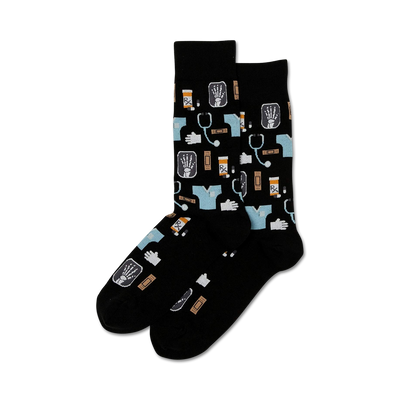  colorful medical symbols adorn black crew socks, perfect for medical professionals and enthusiasts.   