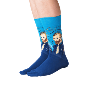 A pair of blue socks with a design of Vincent van Gogh's face on them.