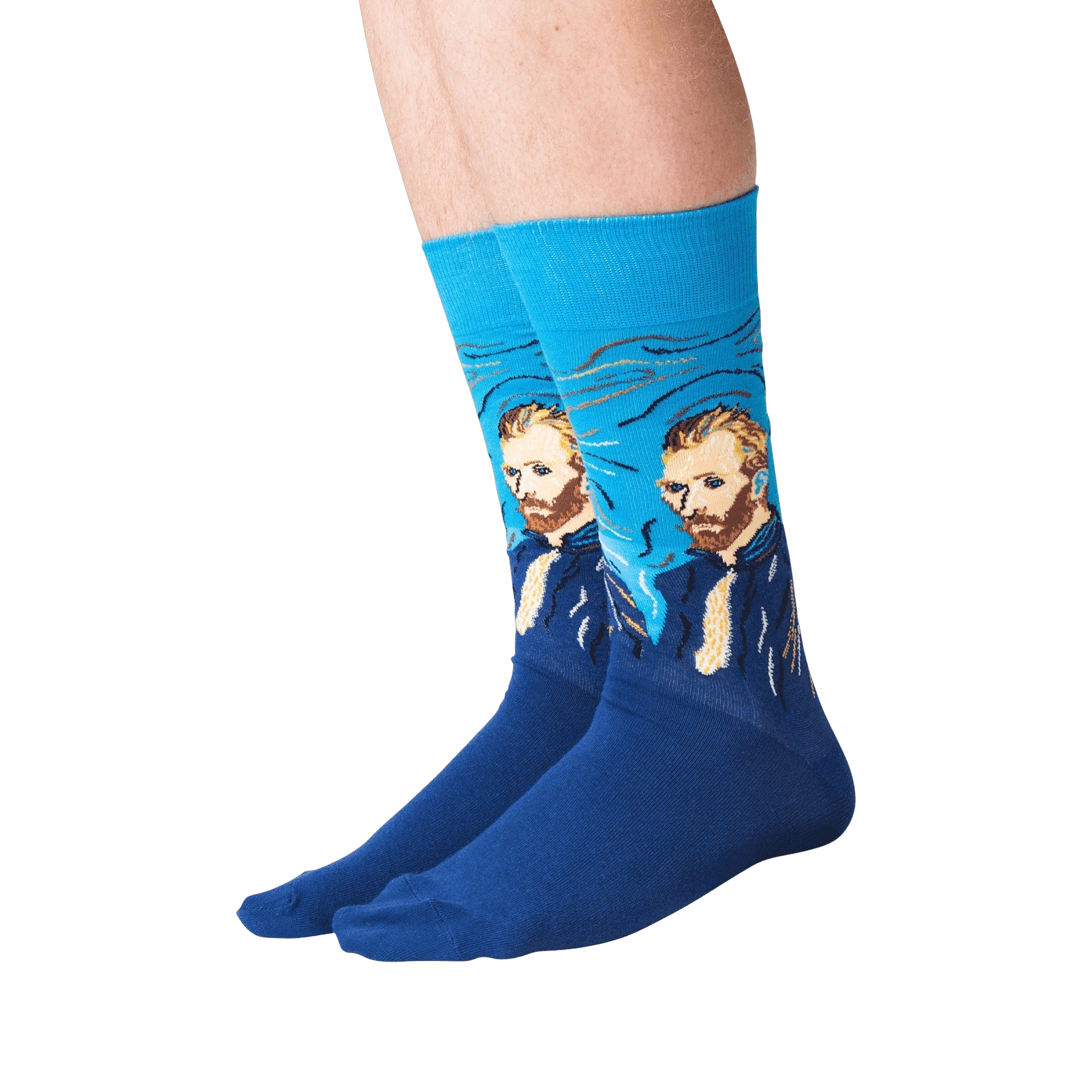Lifestyle shot of a person wearing the Van Gogh's Self Portrait socks against a black background.