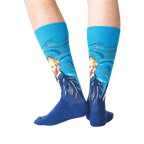 Rear view of a person wearing a pair of Van Gogh's Self Portrait socks, showcasing the design detail on the back of each sock.