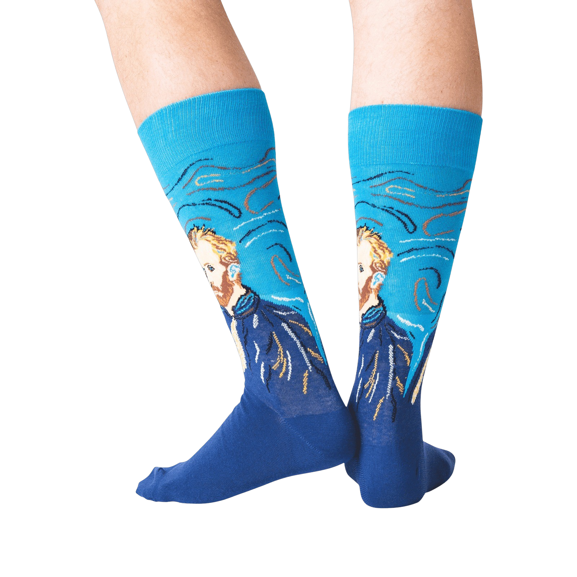 Rear view of a person wearing a pair of Van Gogh's Self Portrait socks, showcasing the design detail on the back of each sock.