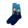 Pair of blue crew socks featuring Van Gogh's Self Portrait. The socks are predominantly blue with details in yellow, brown, and white.