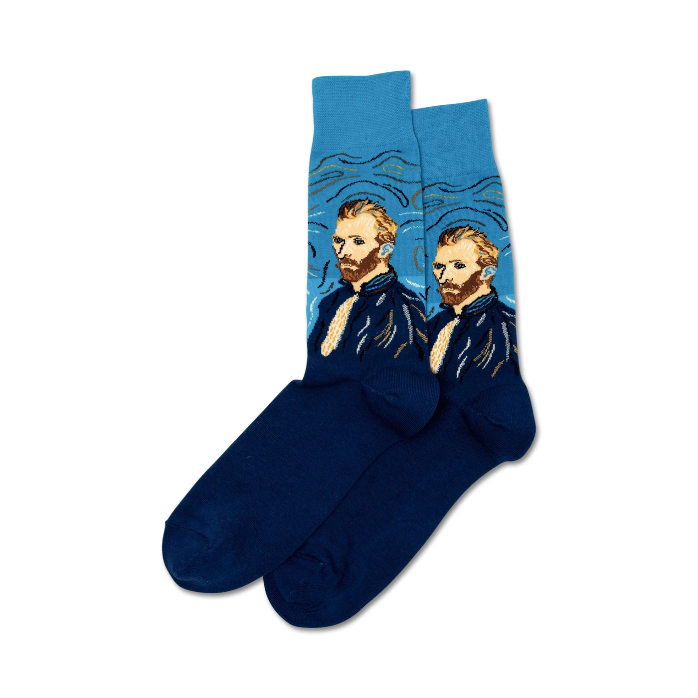 Pair of blue crew socks featuring Van Gogh's Self Portrait. The socks are predominantly blue with details in yellow, brown, and white.