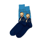 Pair of blue crew socks featuring Van Gogh's Self Portrait. The socks are predominantly blue with details in yellow, brown, and white.