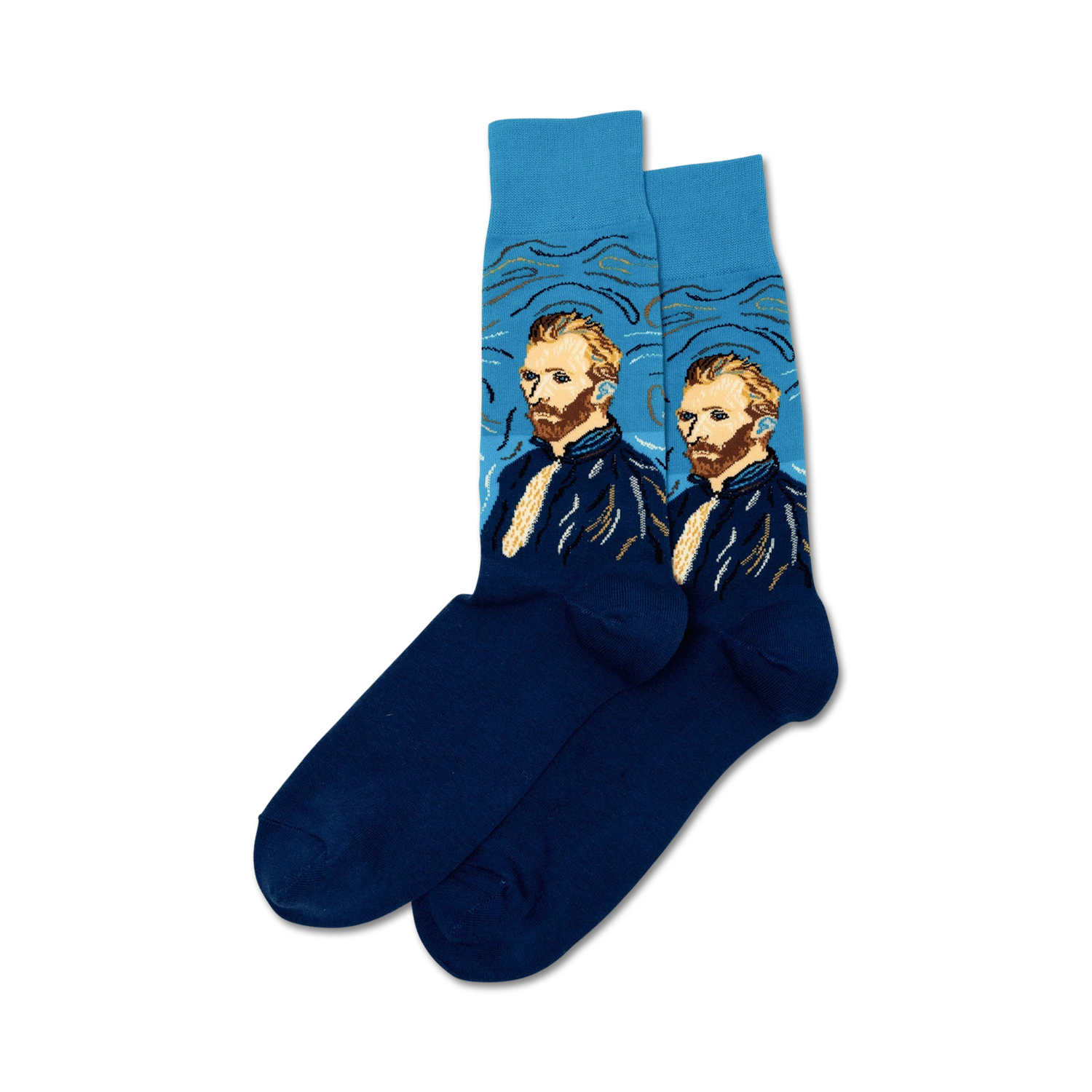 Pair of blue crew socks featuring Van Gogh's Self Portrait. The socks are predominantly blue with details in yellow, brown, and white.