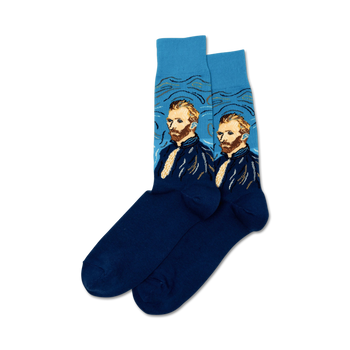 van gogh's self portrait crew socks in blue for men, featuring art & literature theme.  