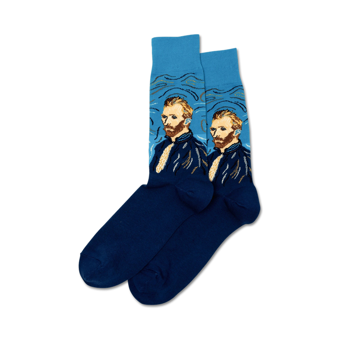 van gogh's self portrait crew socks in blue for men, featuring art & literature theme.  
