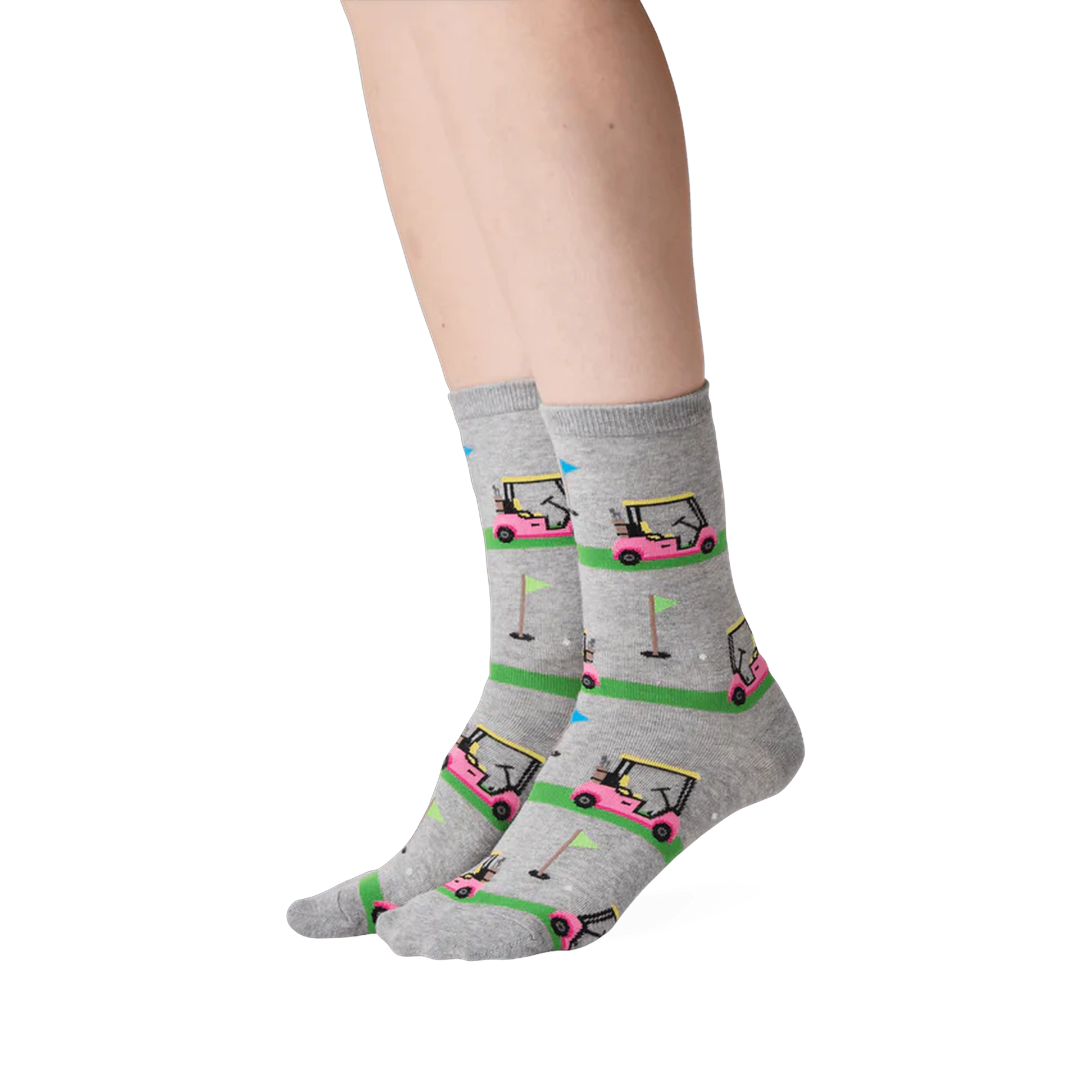 Lifestyle shot showing the Golf Cart socks on a person's legs, showcasing how the socks look when worn.