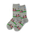 Pair of grey crew socks with a repeating pattern of pink golf carts, green stripes, and golf flags.