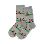 Pair of grey crew socks with a repeating pattern of pink golf carts, green stripes, and golf flags.
