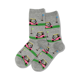 womens pink golf carts crew socks. allover pink golf carts, yellow and white details.  