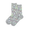 Pair of gray crew socks with a repeating pattern of tennis rackets, tennis balls, and cans of tennis balls.