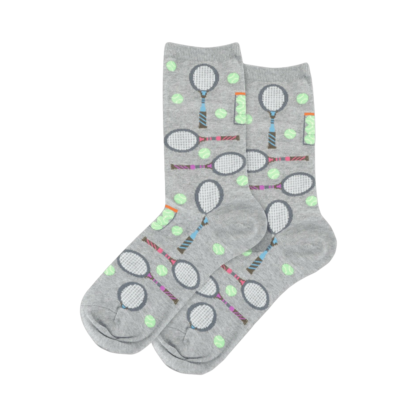 Pair of gray crew socks with a repeating pattern of tennis rackets, tennis balls, and cans of tennis balls.
