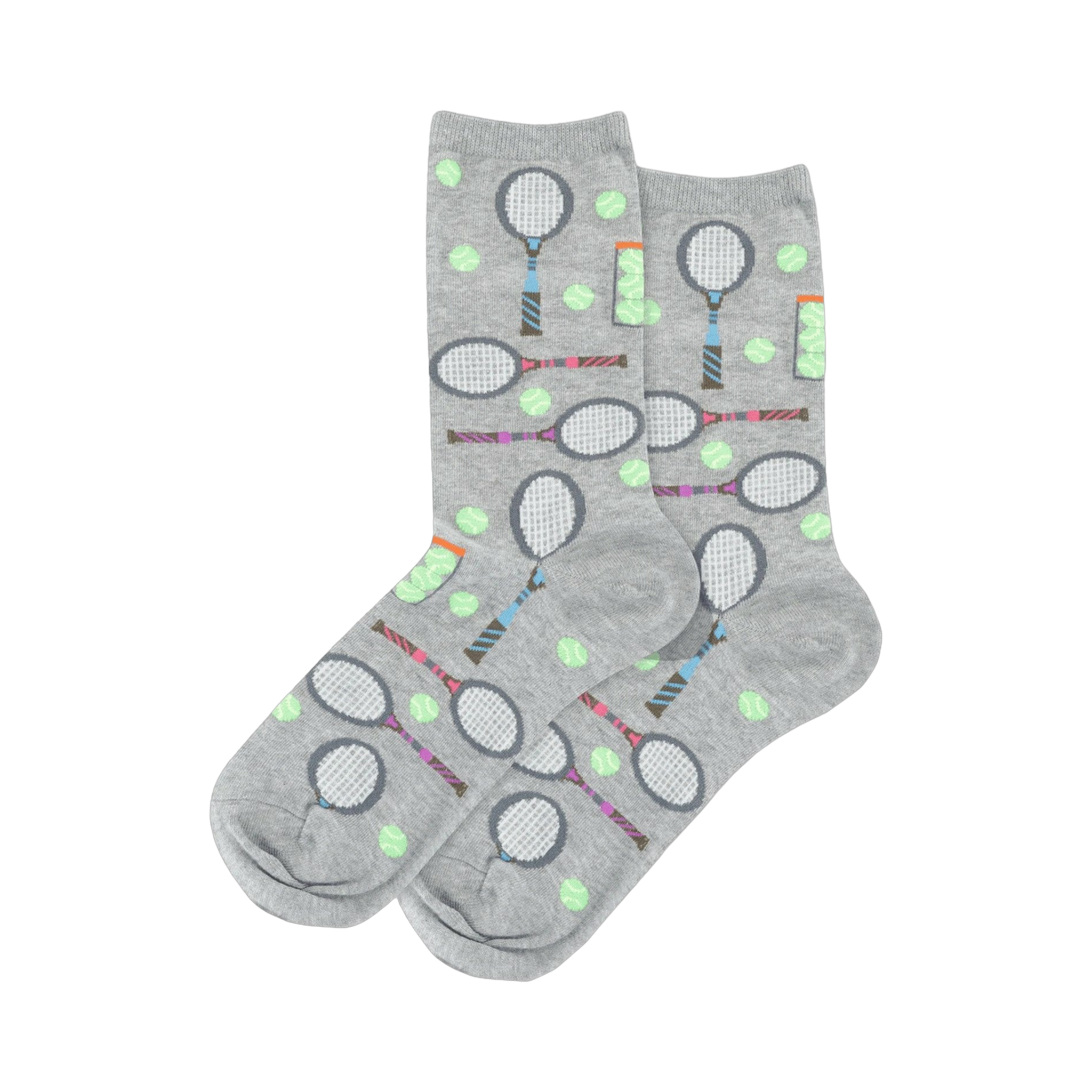 Pair of gray crew socks with a repeating pattern of tennis rackets, tennis balls, and cans of tennis balls.