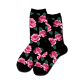 Pair of crew socks with a pink rose and green leaf pattern on a black background. 