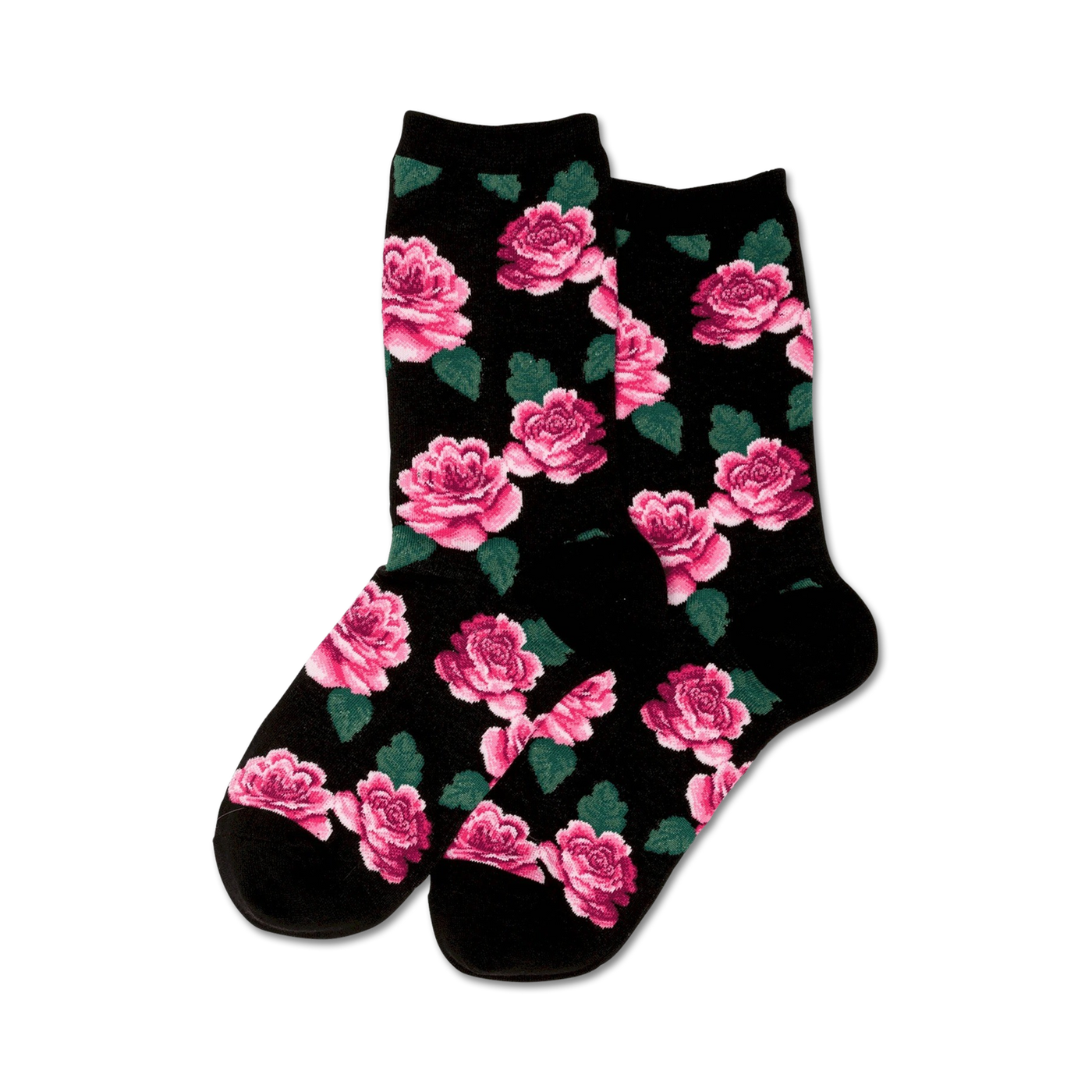 Pair of crew socks with a pink rose and green leaf pattern on a black background. 