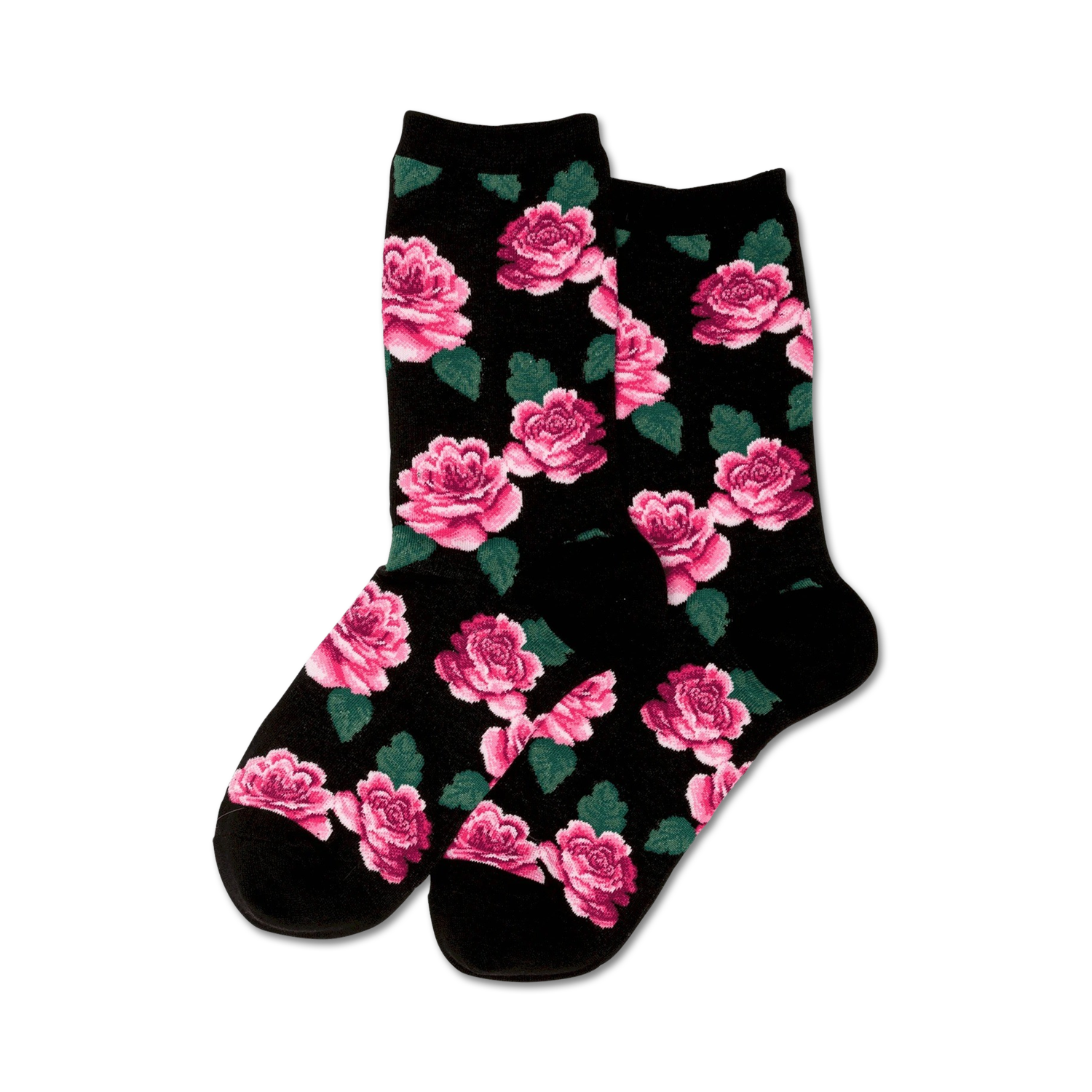 Pair of crew socks with a pink rose and green leaf pattern on a black background. 
