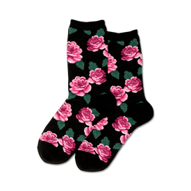 black crew socks with a pattern of pink roses and green leaves. perfect for women.  