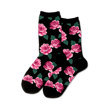 black crew socks with a pattern of pink roses and green leaves. perfect for women.  