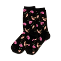 Pair of black crew socks with a whimsical pattern of pink flowers and hummingbirds.